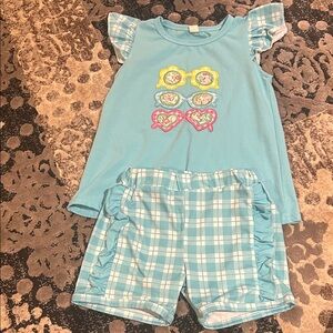 Blue girls ruffle sleeve embroidered sunglasses soft short set 2T